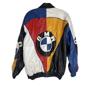 Vintage 90s BMW Leather Biker Racing‎ Jacket Size Medium Leather Patchwork RARE